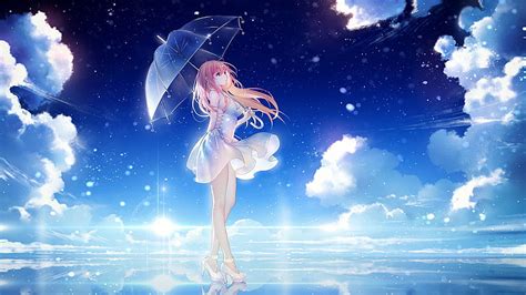 Hd Wallpaper Anime Anime Girls Blonde Umbrella White Dress Sky