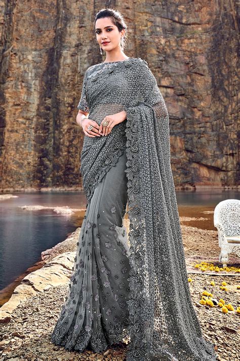 Buy Designer Grey Embroidered Party Wear Saree Online Like A Diva