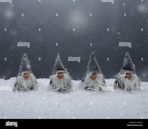 Four Gnomes In The Snow Christmas Card Stock Photo Alamy