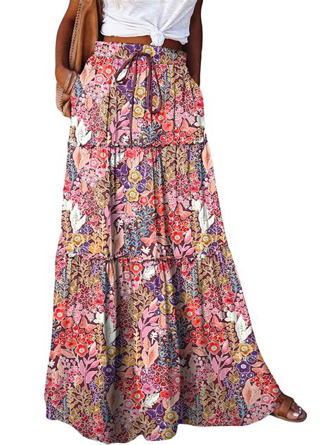 Sunisery Women High Waist Boho Floral Maxi Skirt Casual Flowy Swing