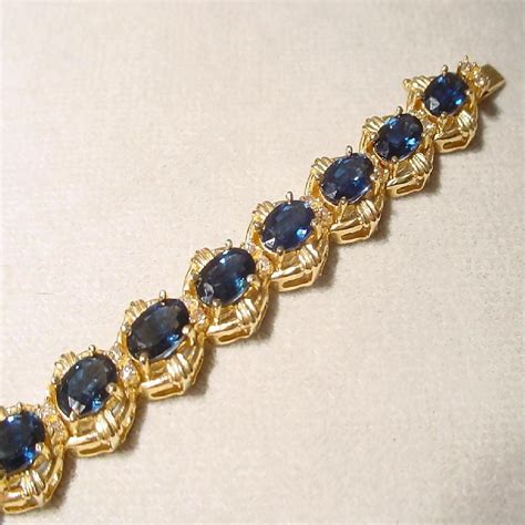Blue Sapphire Bracelet W Diamonds 14 Kt Yellow Gold Tennis Bracelet