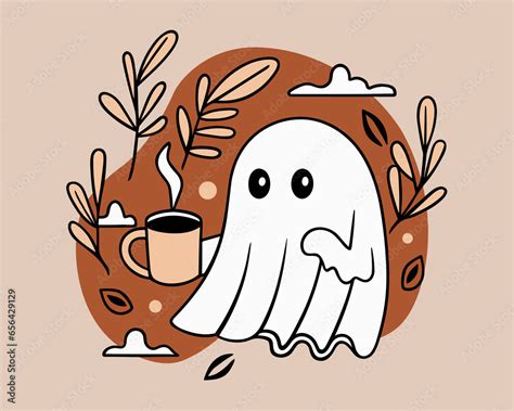 Ghost Drinking Coffee Illustration Sheet Ghost Holding A Mug Fall
