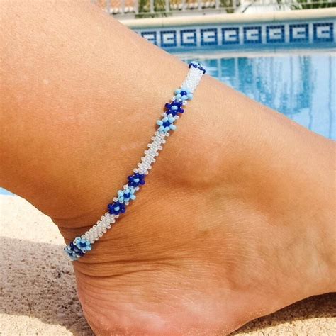 Seed Bead Anklet Beaded Ankle Bracelet Turquoise Daisy Ankle Etsy In Beaded Anklets