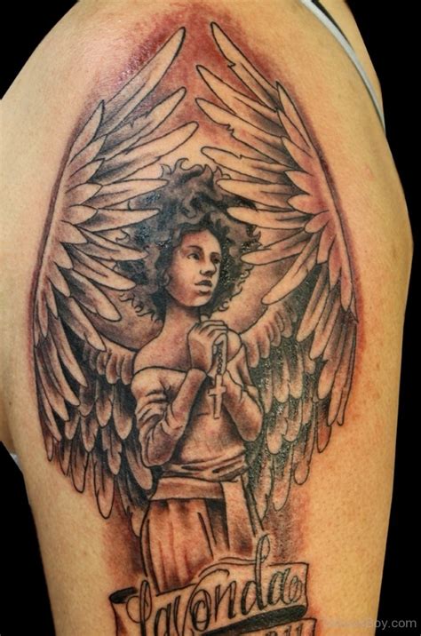 Memorial Angel Tattoo On Shoulder Tattoos Designs