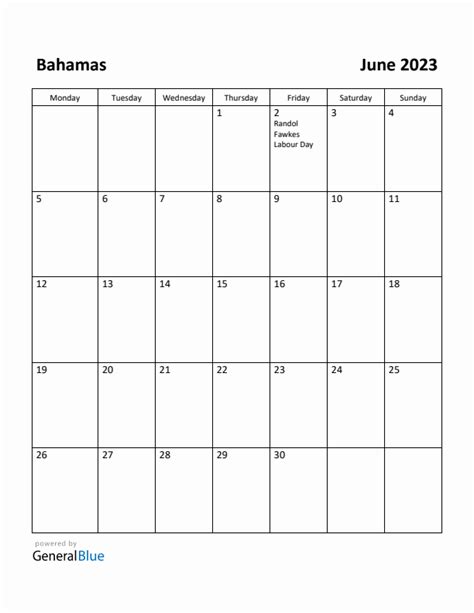 Free Printable June 2023 Calendar For Bahamas