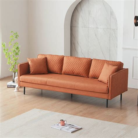 827l Orange Leathaire Fabric Upholstered Sofa 3 Seater With Pillows
