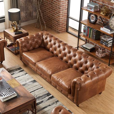 Contemporary Chesterfield Top Grain Natural Leather Tufted Sofa Brown