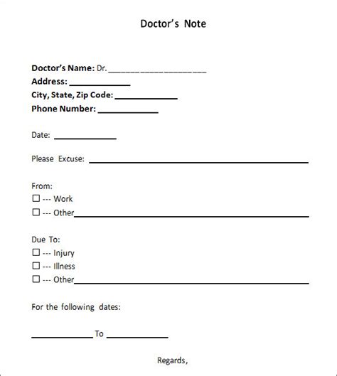 Fillable Doctors Note Template