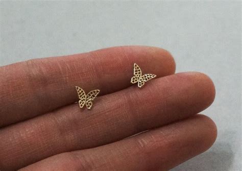 K Solid Gold Tiny Butterfly Stud Earrings Real Gold Tge Etsy