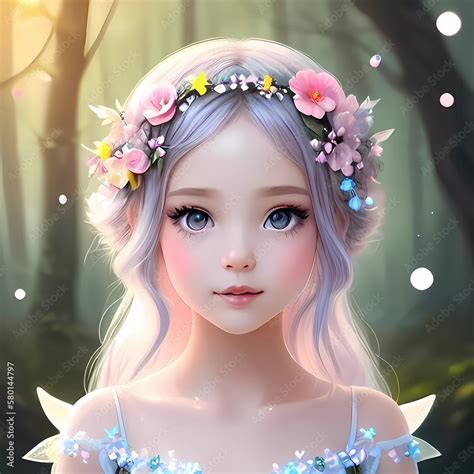 Cute Forest Fairy Portrait Of The Girl With A Wreath Of Flowers Anime