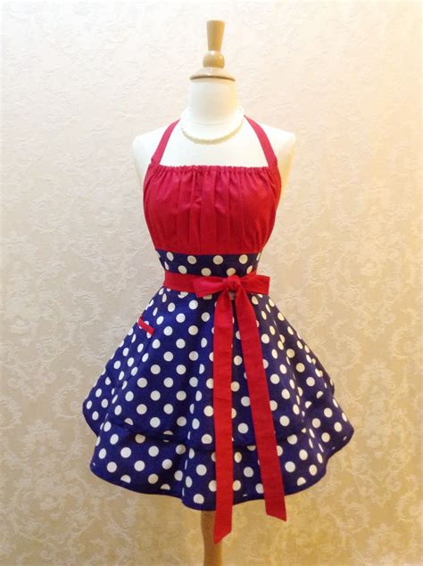 flirty chic pinup apron in navy and white polka dots with lipstick red top sexy women s