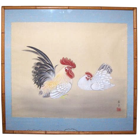Chinese Painted Silk Panel Of A Rooster And A Hen At 1stdibs