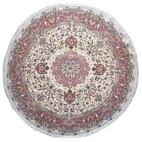 Authentic Persian Hand Knotted Medallion Floral Tabriz Cream Round Shape Rug For Sale At 1stdibs