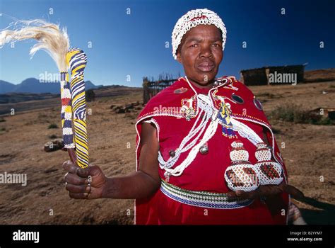 Woman Wearing Traditional Costume With Beaded Headdress And Decoration Rural Portrait Lesotho