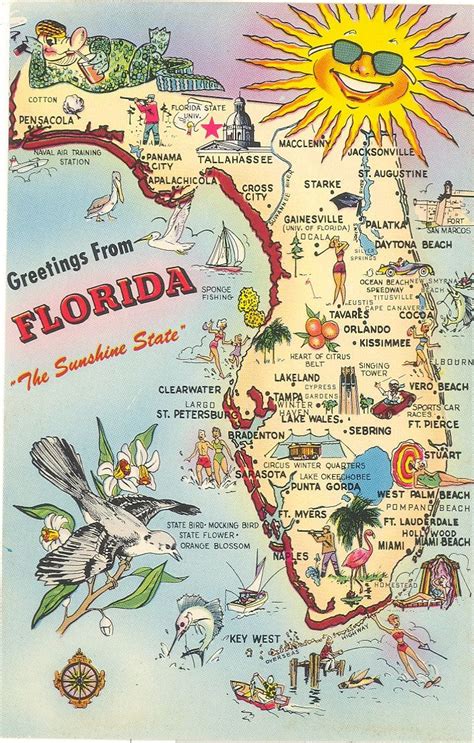 Vintage Florida Postcard Greetings Sunshine State Map Etsy Map Of