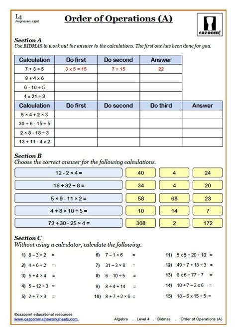 Printable Bodmas Worksheets Cazoom Maths Worksheets Bodmas Math