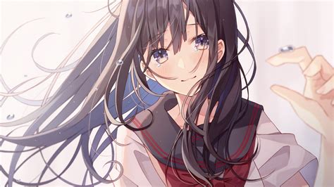 Download 1920x1080 Pretty Anime Girl Teary Eyes School Uniform Brown