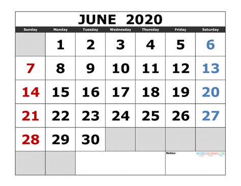 June 2020 Printable Calendar Template Excel Pdf Image Us Edition