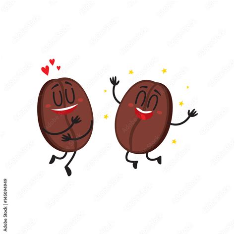 Two Funny Coffee Bean Characters One Showing Love Another Hands Up