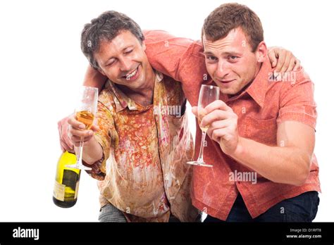 Two Funny Drunken Men Holding Bottle And Glass Of Alcohol Isolated On White Background Stock