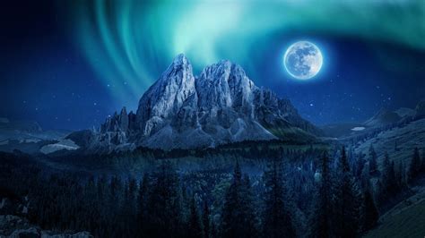 Aurora Borealis And Full Moon Over Mountain 4k Ultra Hd Wallpaper