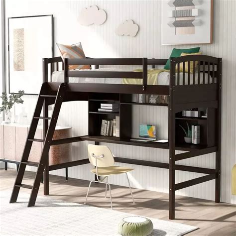 Twin Size Loft Bed With Storage Shelves Desk And Ladder Espresso