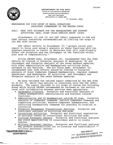 Department Of The Navy Memo Dated 17 Oct 2003 Brac 2005 Guidance For