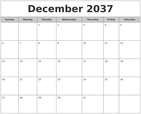 December 2037 Free Monthly Calendar