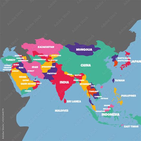 Asia Map With The Name Of The Countries Stock Vector Adobe Stock