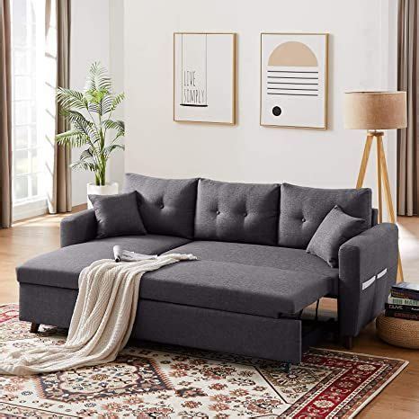Tribesigns Sectional Sofa Couch With Pull Out Bed Convertible L Shape Linen Fabric Corner Sofa
