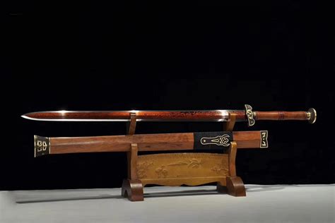 Chinese Jian Sword Damascus Folded Steel Red Blade Traditional Handmade