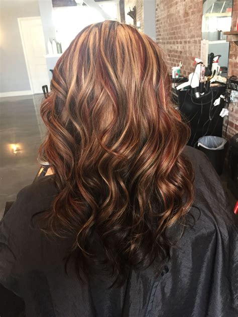 47.red lowlights with brown between the foils. Dark brown underneath with white blonde highlights and ...