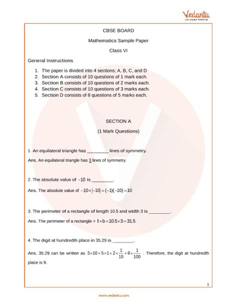 Cbse Sample Paper For Class 6 Maths With Solutions Mock Paper 2