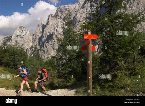 Hikers On Hiking Track Vrsic Pass Soca Valley Triglav National Park
