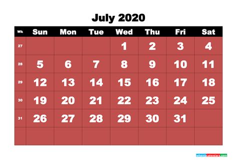 July Printable Calendar 2020 Pdf Word Nom20b19