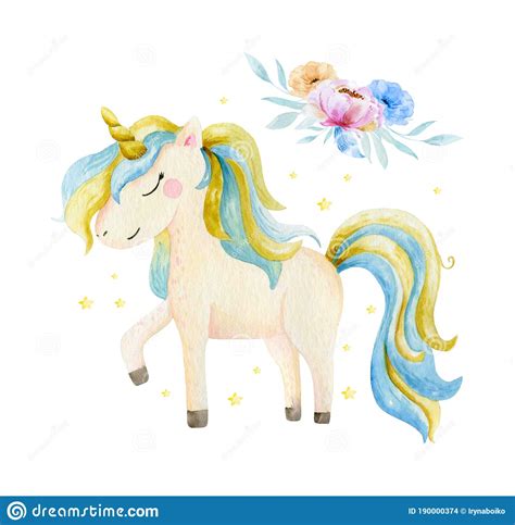 Isolated Cute Watercolor Unicorn And Flowers Clipart Nursery Unicorns