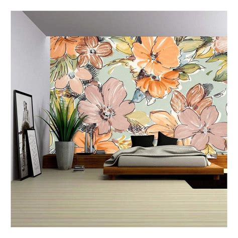 wall26 floral pattern on blue fabric brown and orange flowers print as background removable