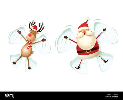 Santa Claus And Reindeer Make Angels In Snow Vector Illustration