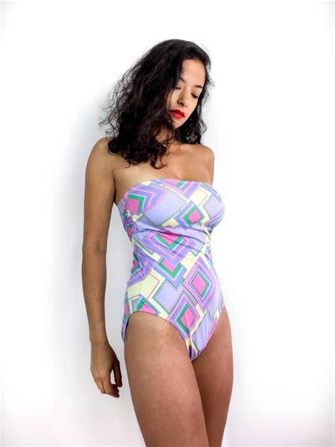 80s Vintage Strapless One Piece Swimsuit Big Bow At The Back Etsy