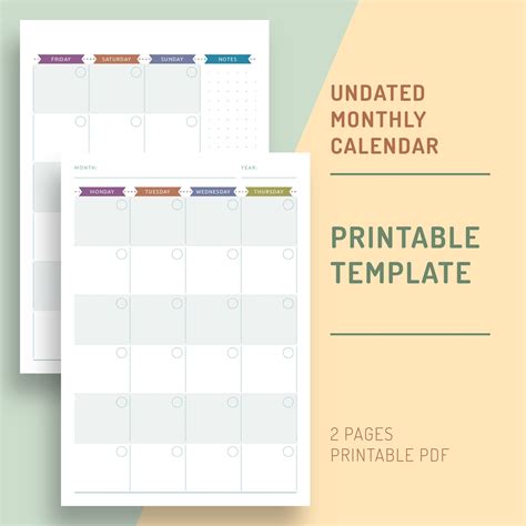 2 Page Monthly Calendar Printable Undated Monthly Calendar Etsy