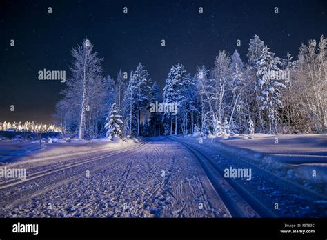 Finland Lapland Kittila Levi Country Road In Winter At Night Stock