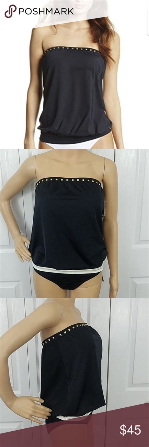 Vince Camuto Black Blouson Tankini With Gold Studs Nwt Hygiene Liner