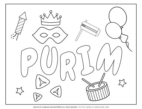 Purim - Coloring page - Symbols with Large Title | Planerium