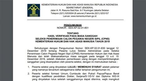 Cpns yang tak lolos harus memberikan bukti yang kuat. CEK Daftar Final Peserta Lolos Verifikasi Masa Sanggah CPNS Kemenkumham 2019, Lokasi Tes SKD ...