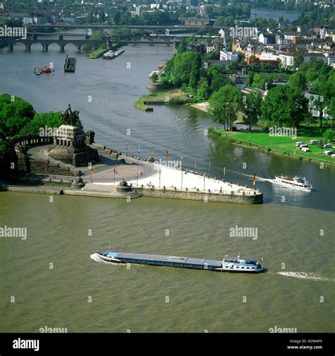 Barge Passing The Deutsches Eck Confluence Of The Rhine And Mosel