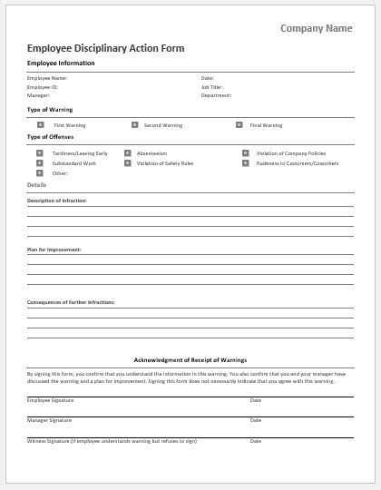 Disciplinary Action Form Template Microsoft Word Free Word Template