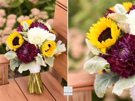 Sunflower And Burgundy Dahlia Bridal Bouquet With White Dahlias And