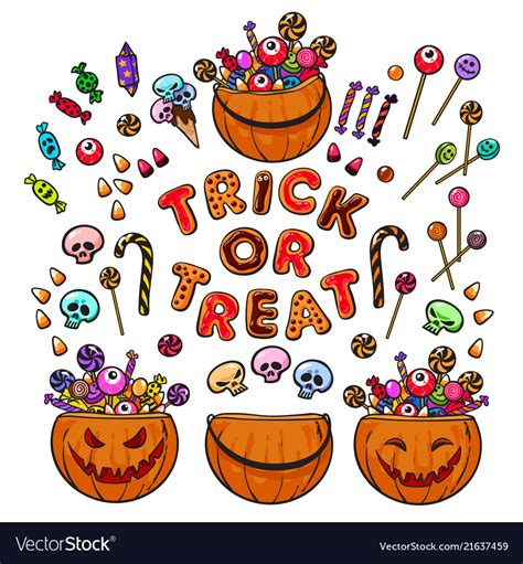 Big Set Of Cartoon Halloween Pumpkins Candies Vector Image