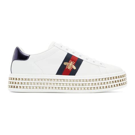 Gucci Ace Embellished Leather Platform Sneakers In White Leather Modesens