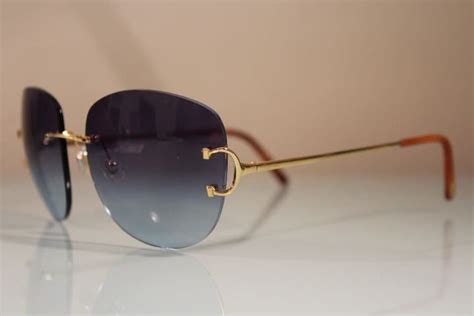 Vintage Cartier Paris Gold Rimless Sunglasses Blue Lenses C Decor 140 19 Cartier Aviator